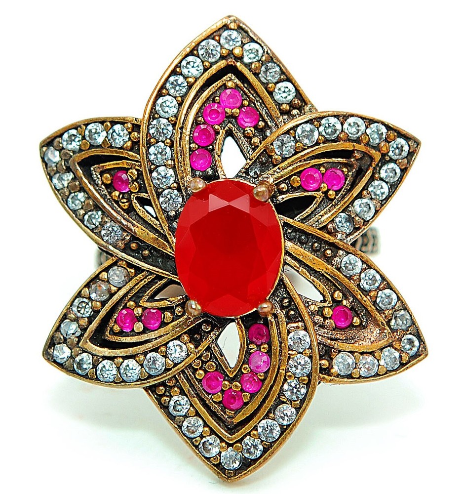 Ottoman Empire Style 12CT Treated Ruby Sterling Silver Ring Size 8 HB3-2
