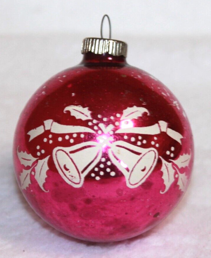 Vintage Round Mercury Glass Bells & Holly Stencil Shiny Brite Christmas Ornament