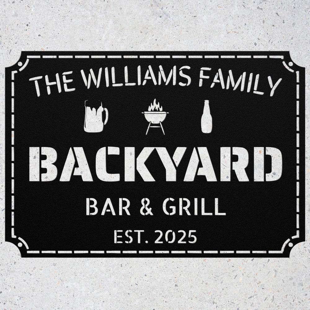 Personalized Backyard Bar Grill Metal Sign Custom Outdoor Kitchen Wall Decor