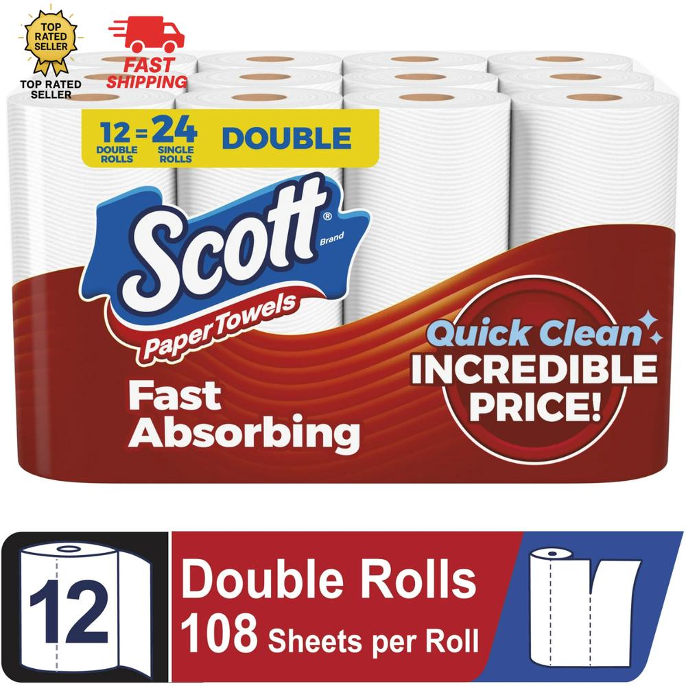 Scott Paper Towels 12 Double Rolls Strong Absorbent Choose-A-Sheet