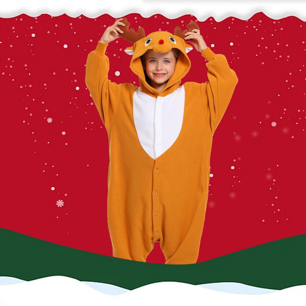 Christmas Kids Reindeer Costumes Unisex One-piece Pajamas Cosplay Homewear