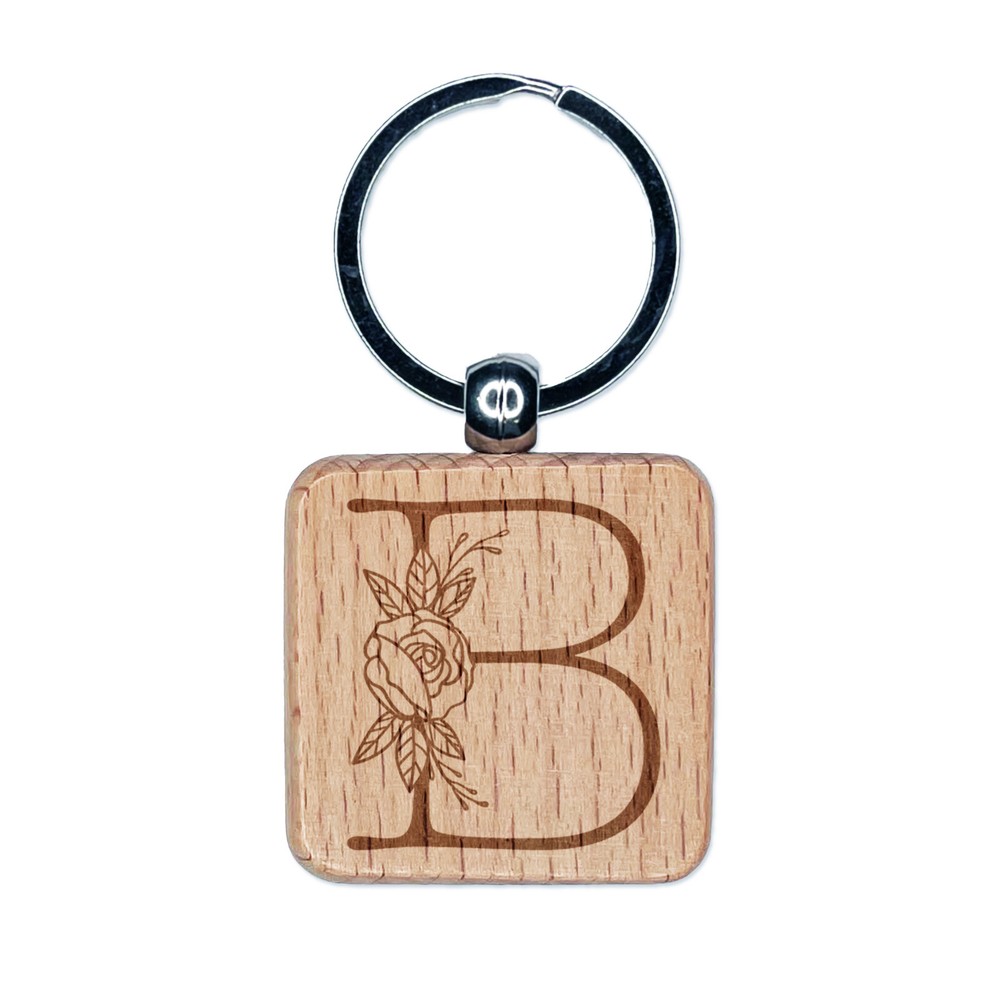 Rose Typewriter Font Capital Letter B Engraved Wood Square Keychain Tag Charm