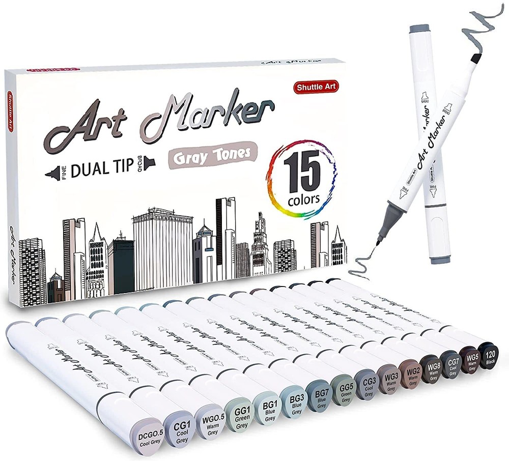 Shuttle Art 15 Colors Grey Tones Dual Tip Art Marker, Alcohol Based Marker Pe...