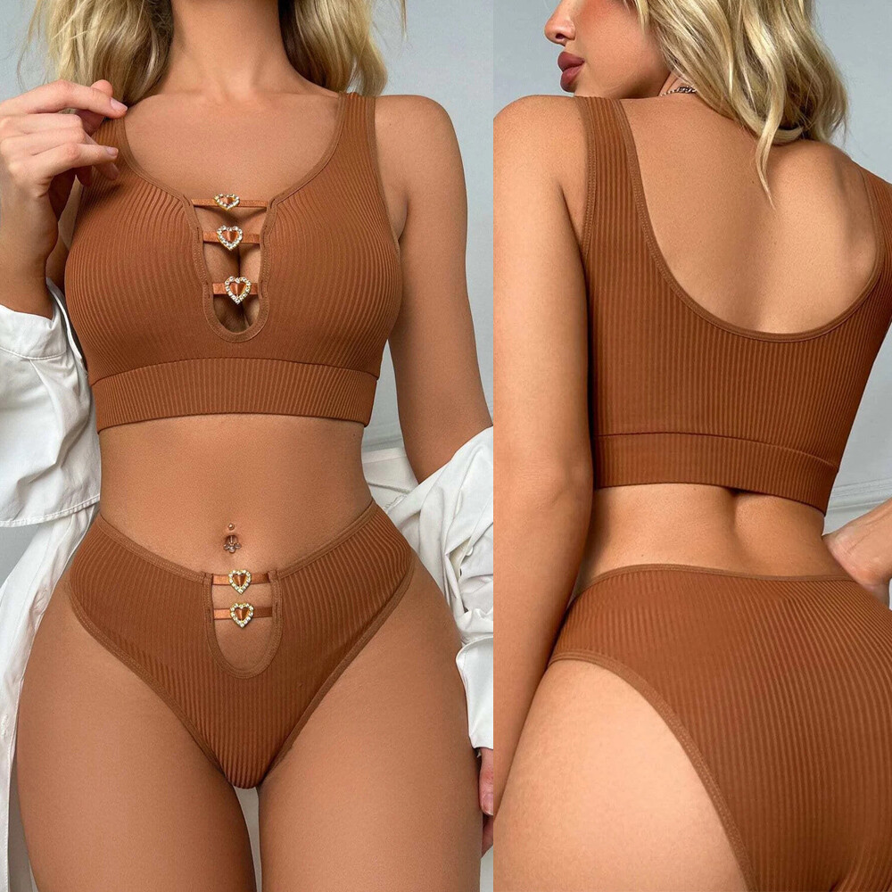 Sexy Rhinestone Heart Lingerie Set Bra and Panty for Women