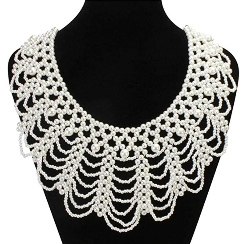 Women Pearl Beaded Bib Choker Necklace Flower Jewelry Fake Collar Dicky