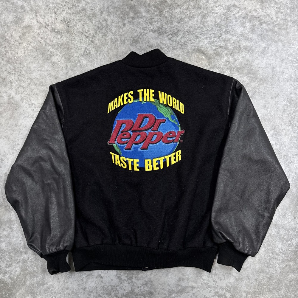 VINTAGE Dr Pepper Jacket Mens Large Black Wool Leather Varsity Made USA 90s