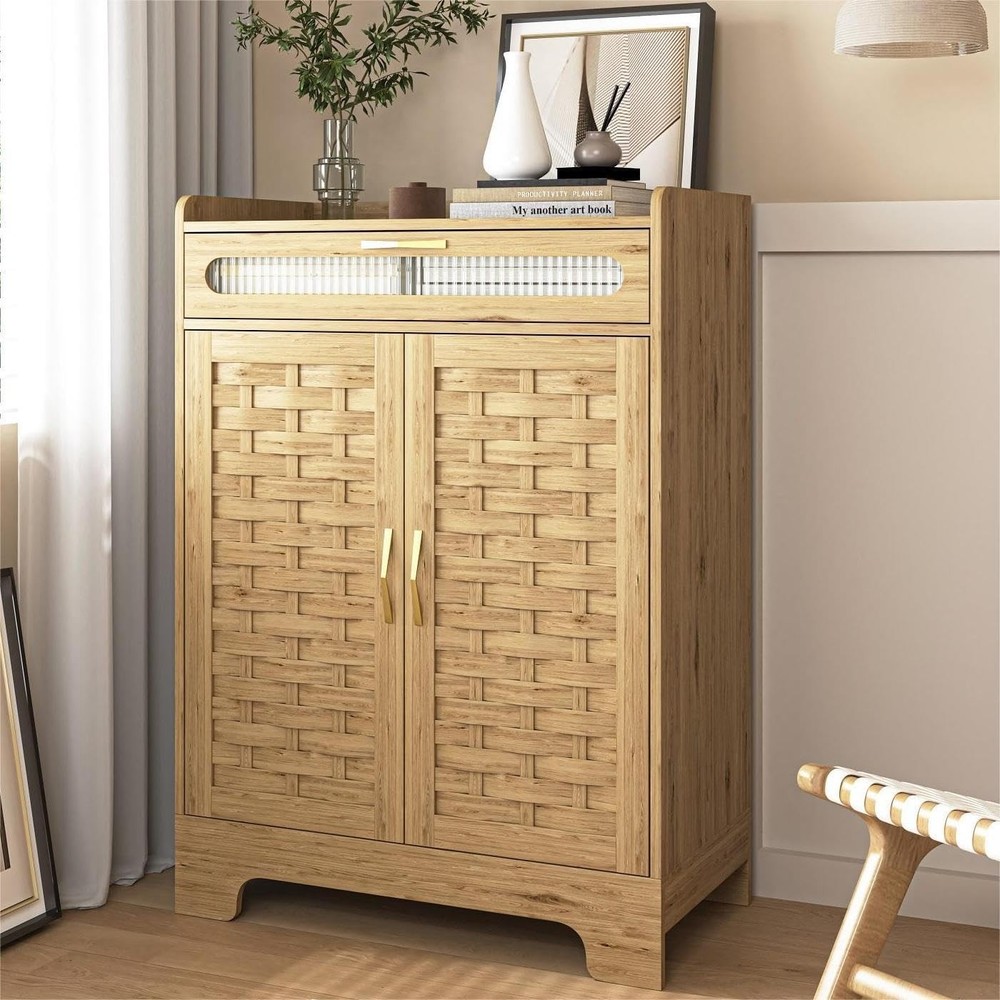 Woven MDF Sideboard Buffet Cabinet with Doors and Drawer for Stylish Storage