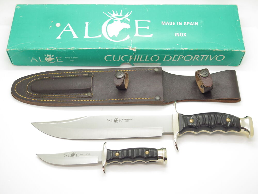 Vintage Muela Alce Spain 7220-P Twin Fixed Blade Bowie Hunting Knife Set