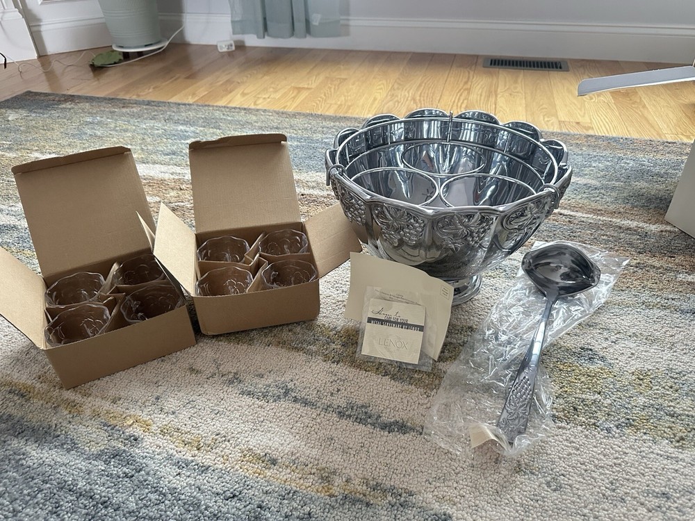 Lenox Grape Weave Metal Serveware 11 Piece Vintage Set Stand, Bowl, Cups, Ladle