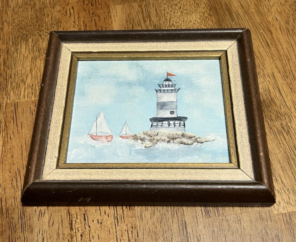 Original Small Painting, Lighthouse Seaside  Artwork, Canvas Panel Framed Art