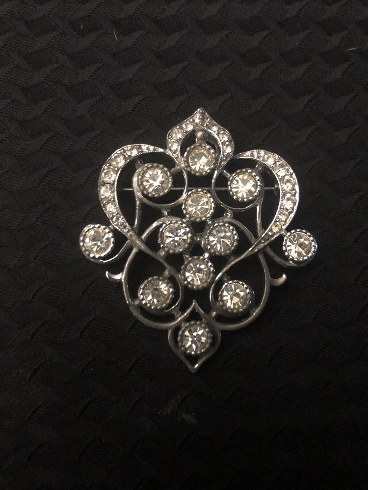 Emmons Victorian Silver Tone Crystal Pendant Brooch Pin Ornate Large