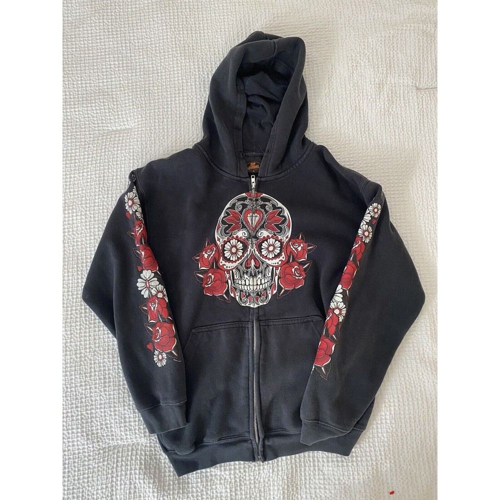Hot Leathers Hoodie Mens Sm Y2K Black Full Zip Skull Web Hooded Sweatshirt Goth