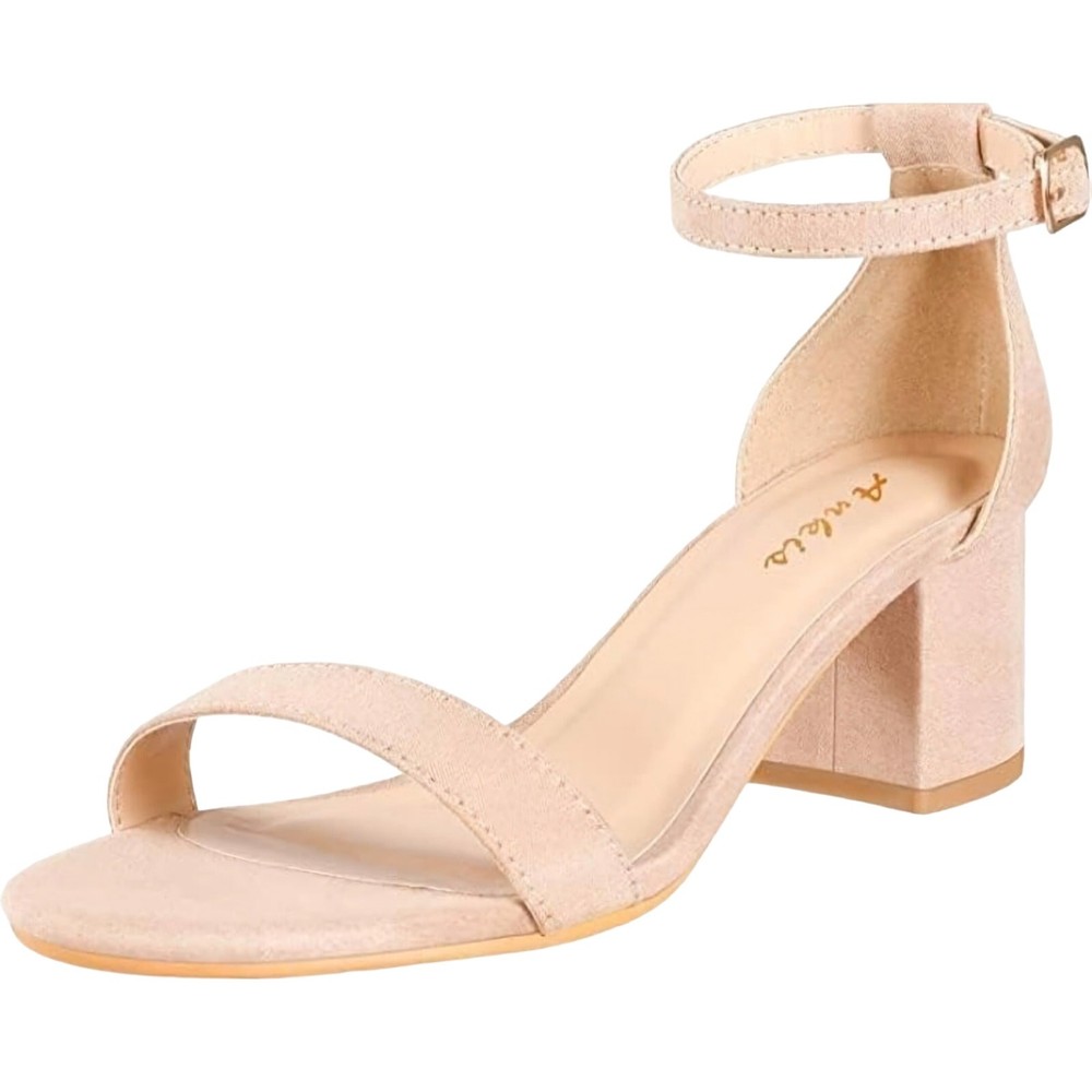NWB Ankle Strap Block Heels Sz 8.5M Nude Faux Suede Minimalist