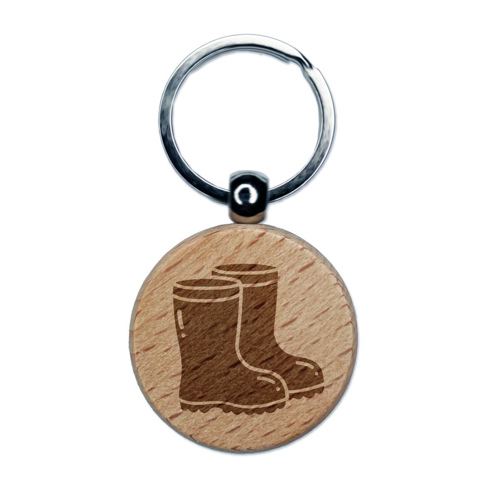 Rubber Rain Boots Engraved Wood Round Keychain Tag Charm
