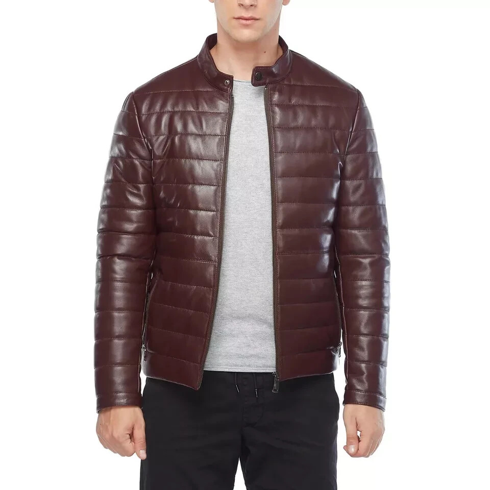 Mens Brown Genuine Leather Lambskin Padded Quilted Leather Down Puffer Jacket