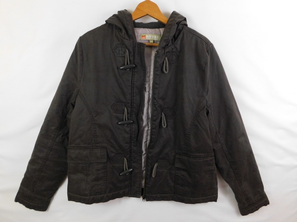 Rivers Classic Outerwear Hooded Jacket Grey Coat Full Zip + Buttons Size 14 Med
