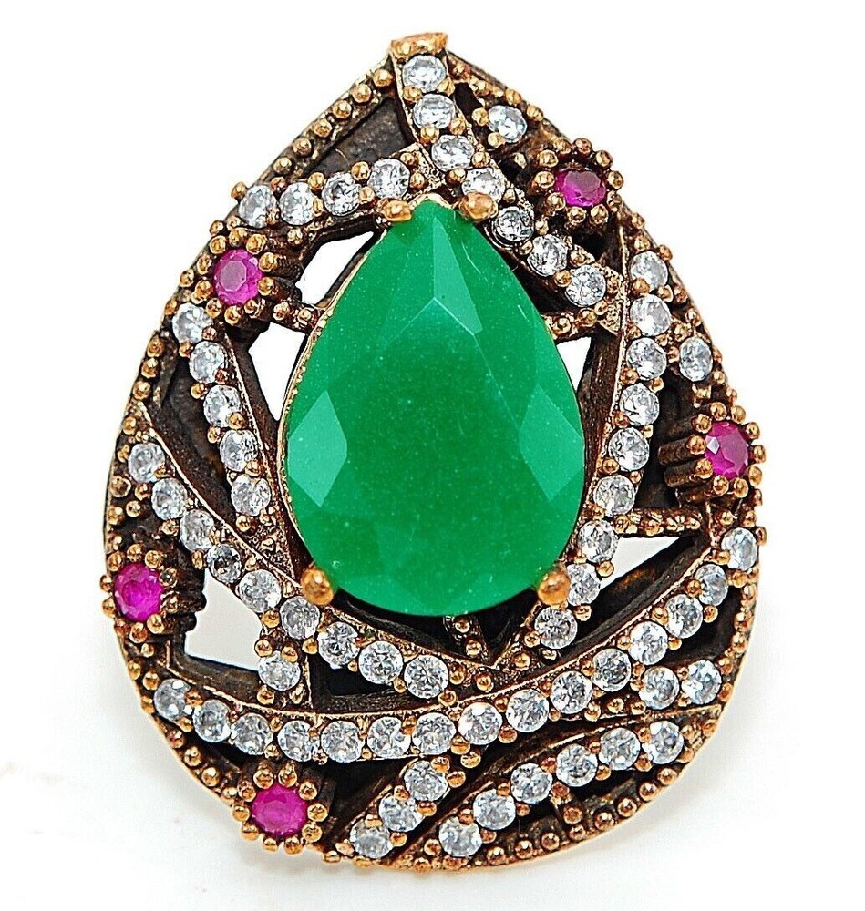 Ottoman Empire Inspired 5CT Treated Emerald 925 Sterling Silver Ring Size 6 HB2-8