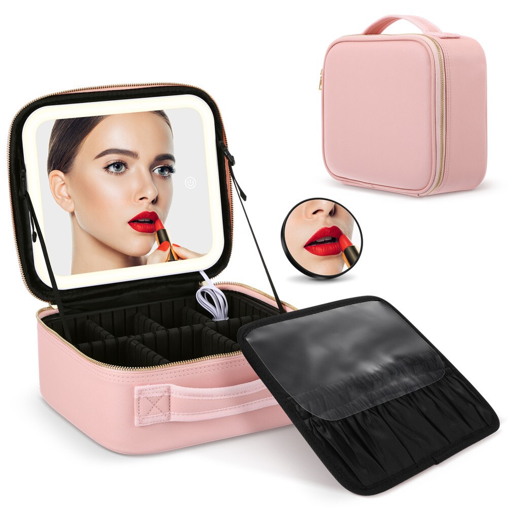 Large-capacity Cosmetic Bag with Mirror Grip Handle Makeup Travel
