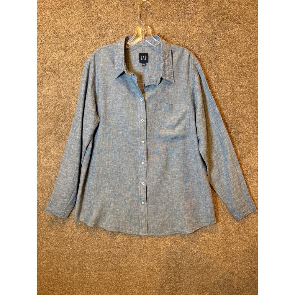 GAP Womens Blue Linen Blend Long Sleeve Button Down Shirt