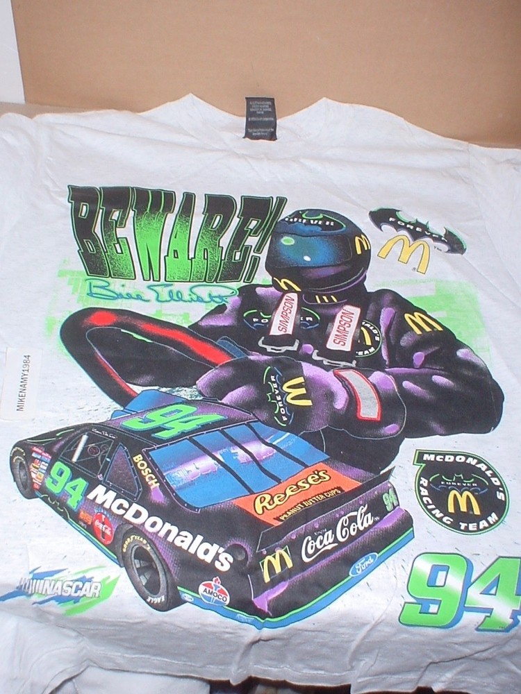 VTG. Nascar 1995 Bill Elliott T Shirt BATMAN BEWARE  McDonalds - 2 sided - Large