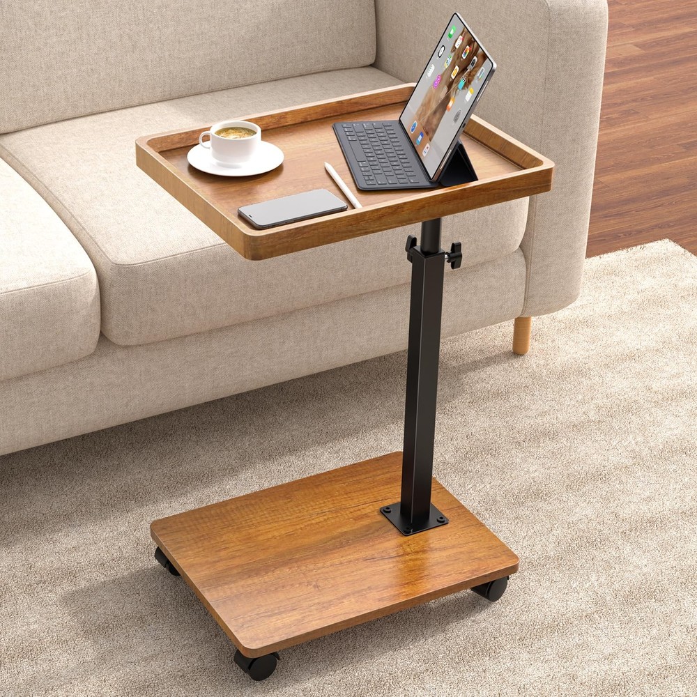 Adjustable Height C Shaped Side Table, 360° Swivel TV Tray for Small Spaces