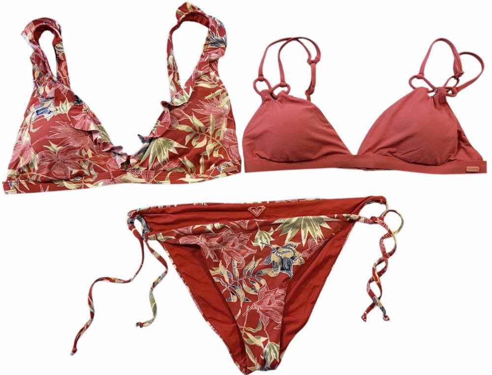 Roxy Floral Tropical Bikini Swimsuit Padded Tops Reversible Bottoms 3 Piece Set
