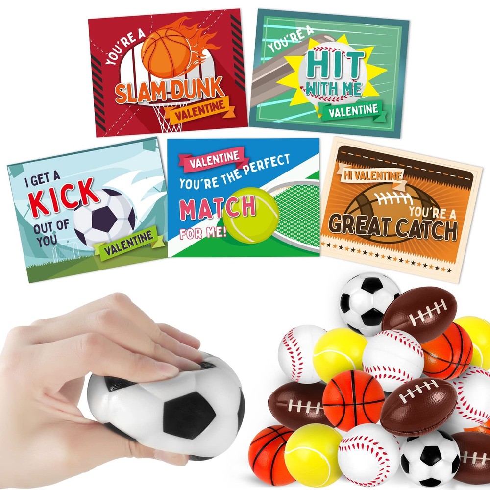30 Pack Valentien's Day Cards for Kids with Mini Sports Balls for School Clas...