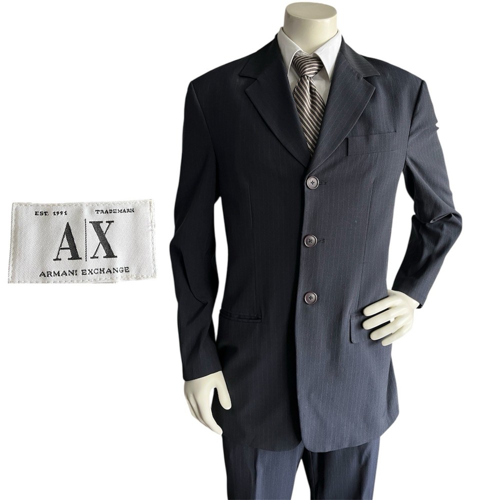 ARMANI EXCHANGE Mens Navy Pinstripe Suit Jacket Pants Set Size 40R 30x30 Stretch Fit