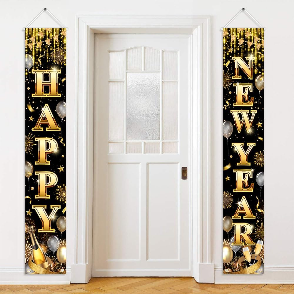 Happy New Year Banner New Years Door Decorations 2025 New Year Porch Signs Door-image
