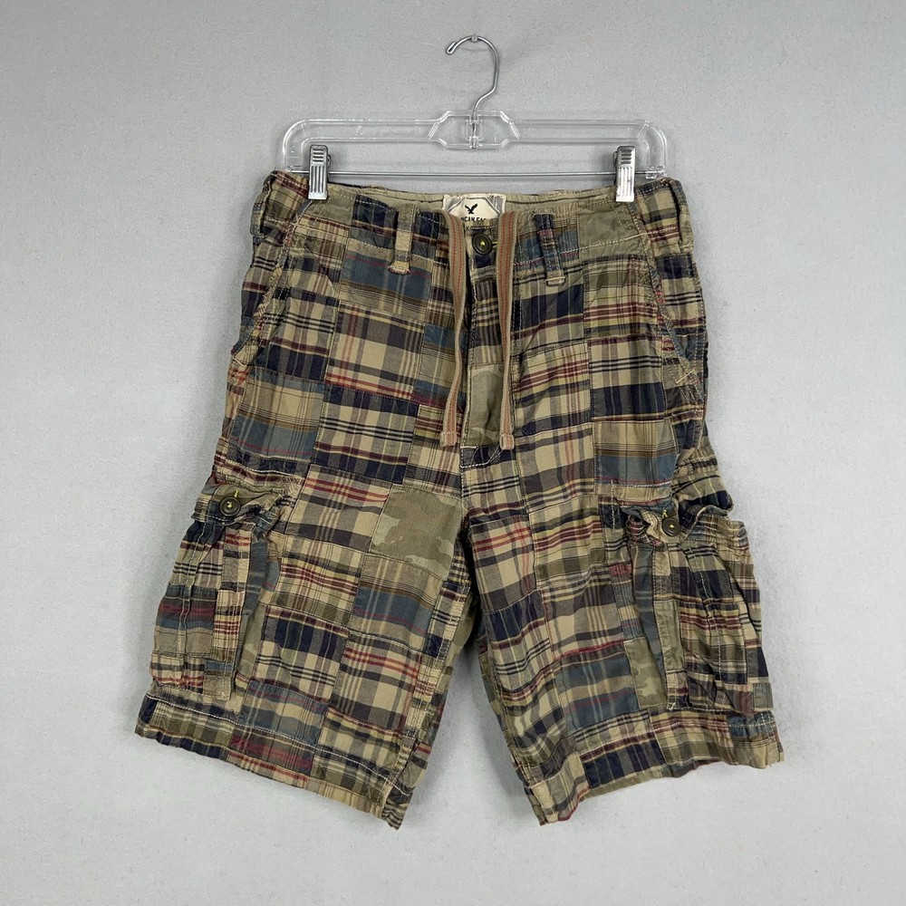 American Eagle Shorts Mens 28 Camo Plaid Patchwork Cargo Longer Length 90s Y2K