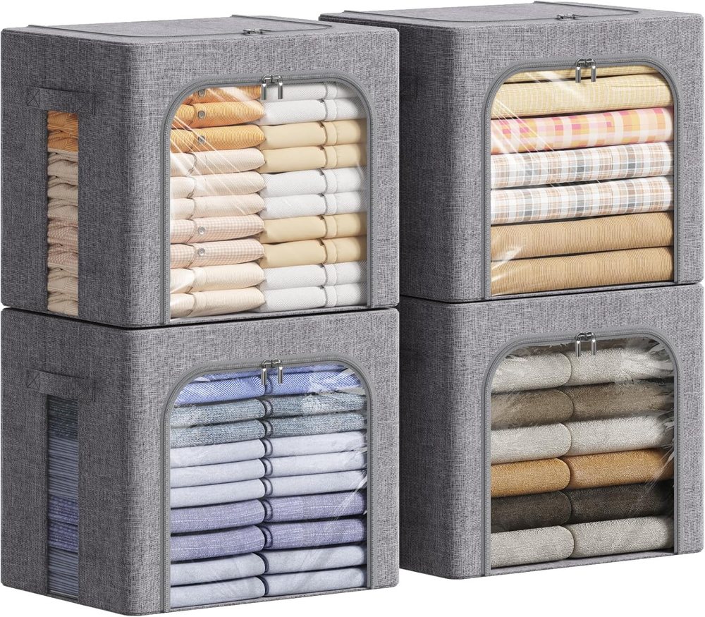 Clothes Storage Bins with Metal Frame, Stackable Storage Box, Foldable Clothing