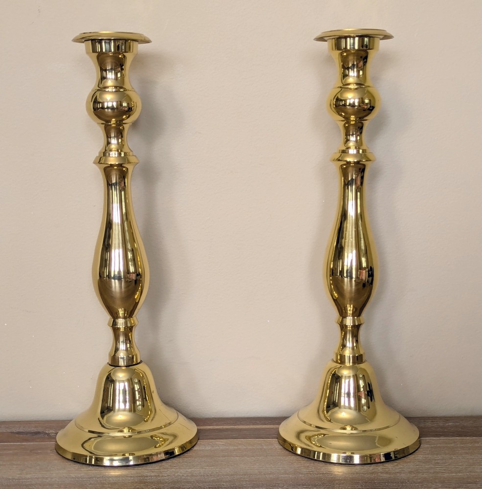Vintage 16in Polished Brass Candlestick Holders Set of 2