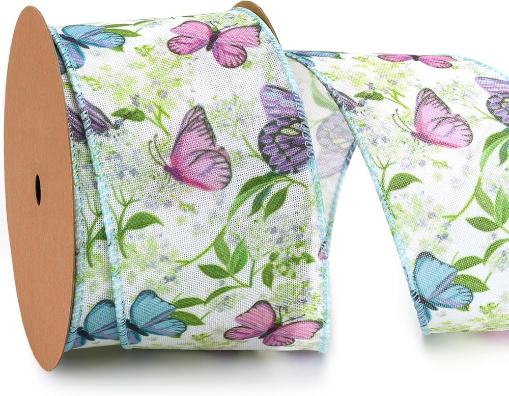 LaRibbons Spring Ribbon Wired 2.5 Inch x 12 Yards, Inch, Blue Butterfly