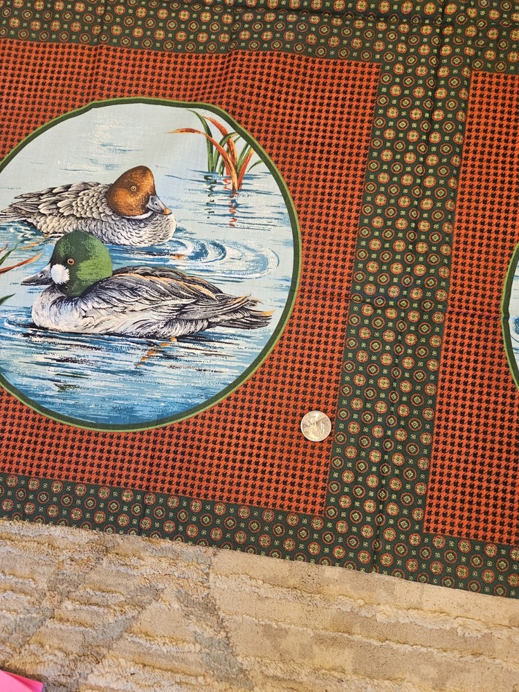 Vintage Cranston Peints Cotton Fabric Dark Green w Ducks 1 yard