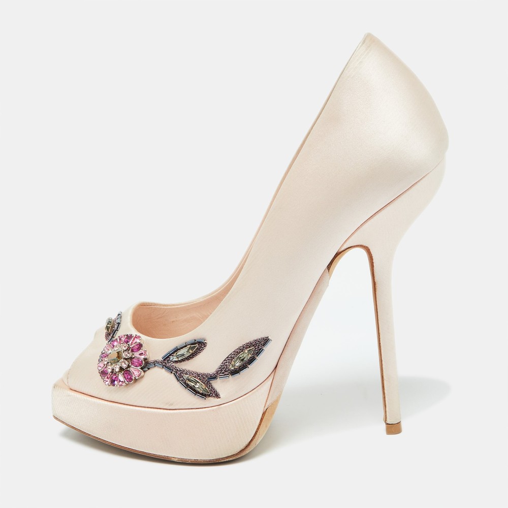 Dior Peach Satin Embellished Peep Toe Platform Pumps Size 38 EU
