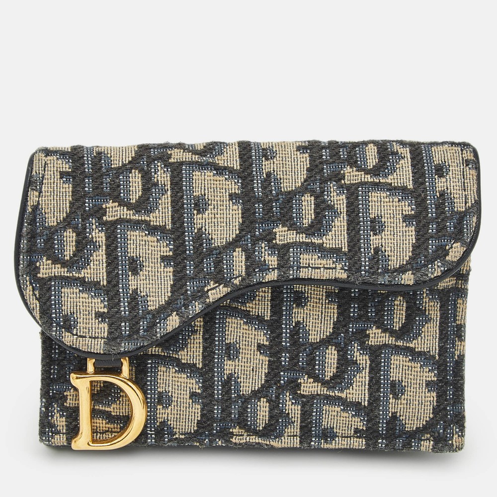 Dior Navy Blue Oblique Canvas Saddle 5 Gusset Card Holder Wallet