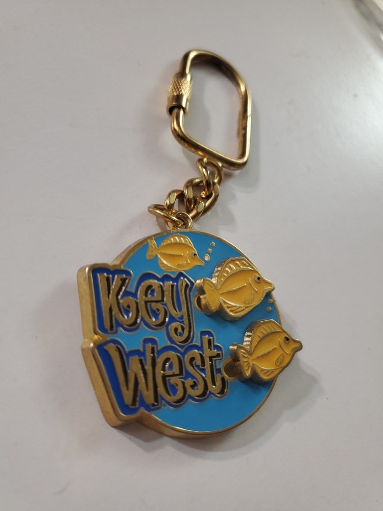 Key West Florida Moving Fish Keychain Metal Blue Gold Unique Swimming Fish Fob