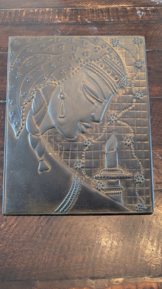 Vintage Stamping Plaque Embossed Woman Girl Bronze Sculpture Ussr Soviet