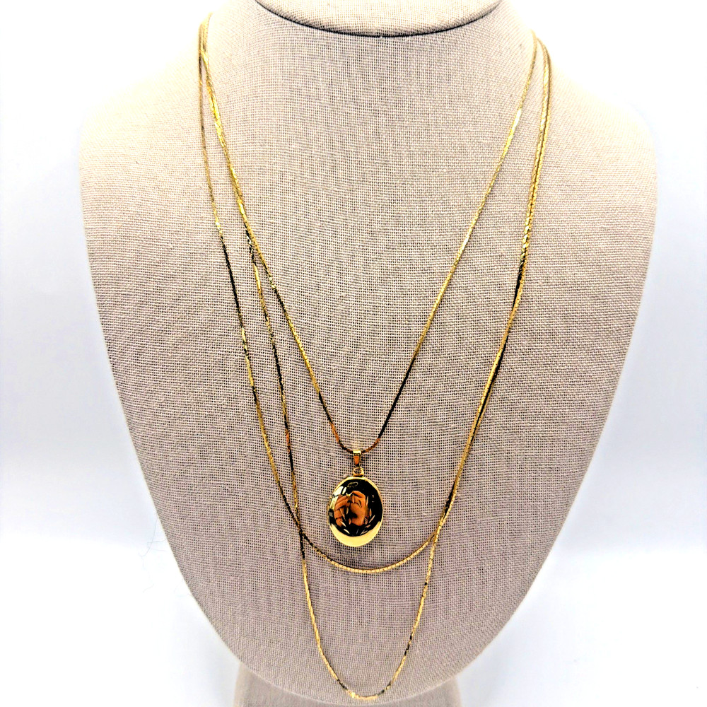 Vintage Layered Style Triple Strand Gold Tone Chain Necklace With Locket Pendant