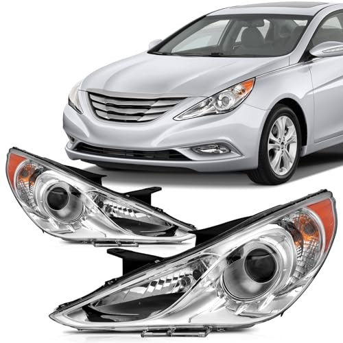 Headlights Assembly for 2011–14 Hyundai Sonata Chrome Housing Clear Lens Amber