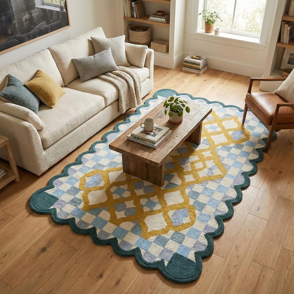 Hand-Tufted Wool Rug with Scalloped Edges | Checkered Light Blue Plaid Pattern