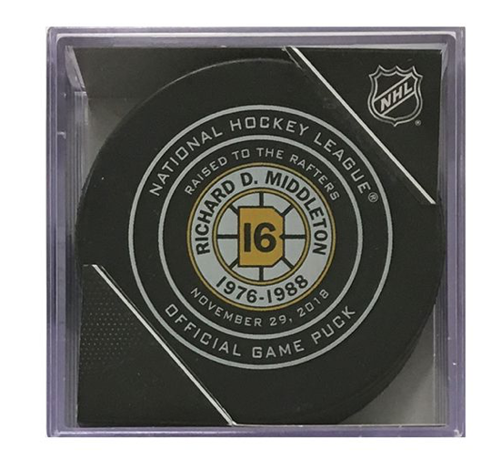 RICK MIDDLETON BOSTON BRUINS RETIREMENT NIGHT OFFICIAL GAME PUCK 11/29/18 RARE