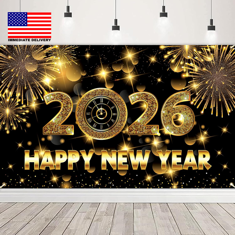 Happy New Year Backdrop, 72 X 44 Inch Large Happy New Year Banner 2026 Black Gol