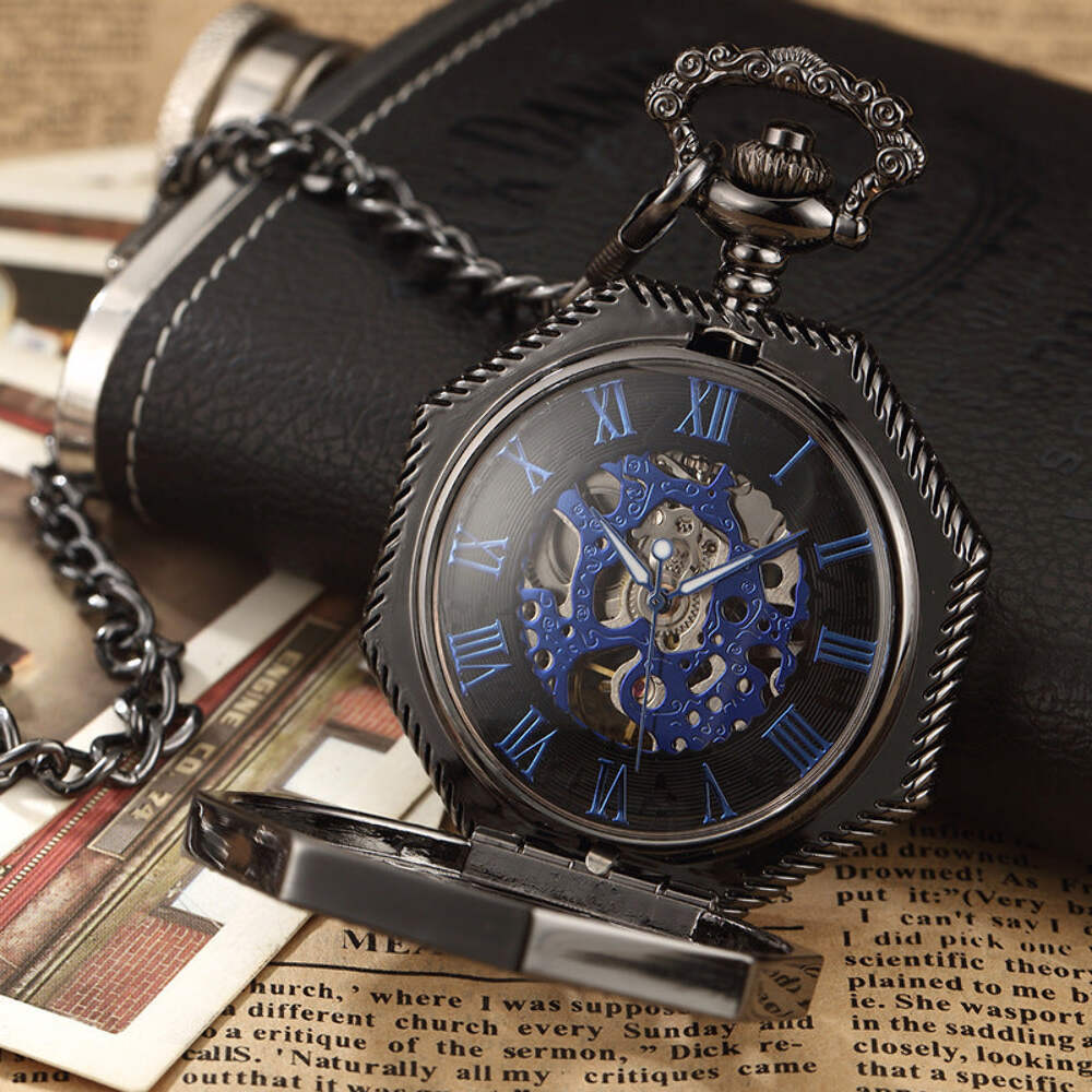 Vintage Carved Octagonal Mechanical Pocket Watch with Stainless Steel Clasp