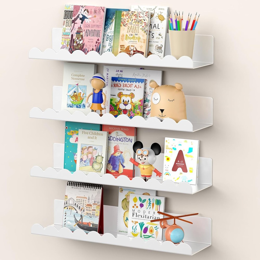 Nursery Book Shelves, 17 Inch White Metal Floating Shelves for Wall 4 Pack