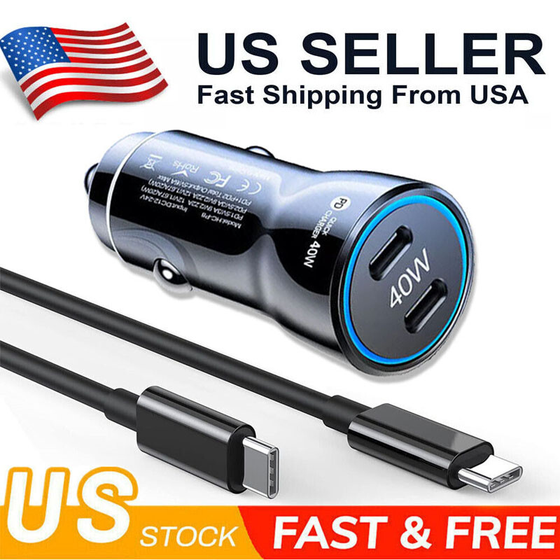 40W Dual USB-C Fast Car Charger for Samsung iPhone Android Phones  