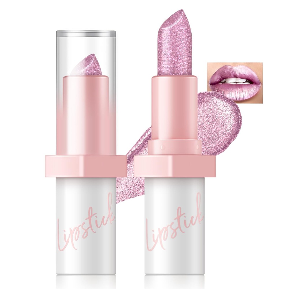 Metallic Pink Frost Glitter Lipstick, Long Lasting Creamy Nude Light Pink