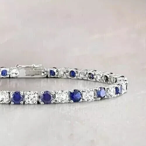 8Ct Round Cut Lab-Created Sapphire Women's Tennis Bracelet 14k White Gold Plated