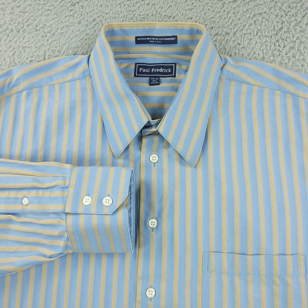 Paul Fredrick Shirt Mens 17.5 33 Blue Yellow Stripe Cotton Dress Button Front