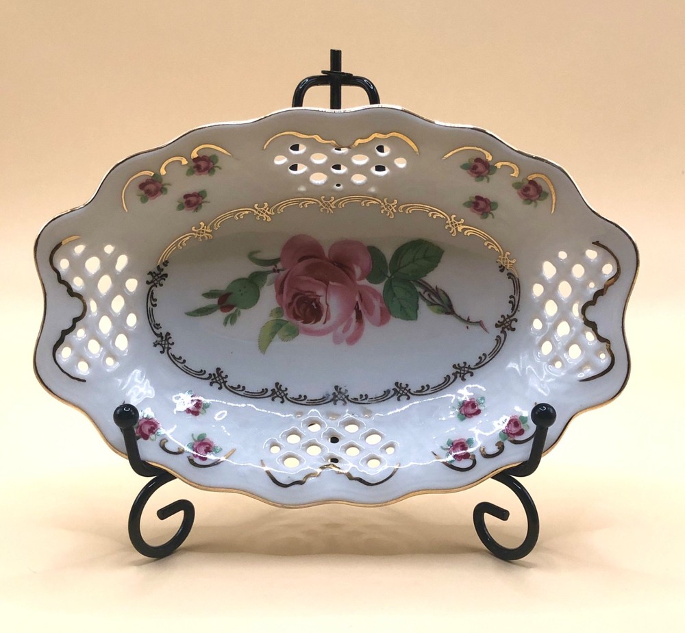 Vintage Schumann Arzberg Oval Pierced Porcelain Dish Floral Gold Trim